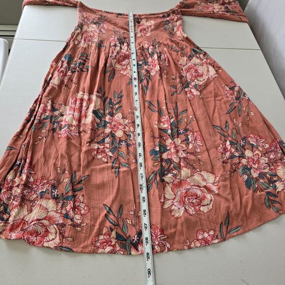 Billabong Night Fox Off Shoulder Dress L Rust Floral Long Sleeves - Picture 10 of 15